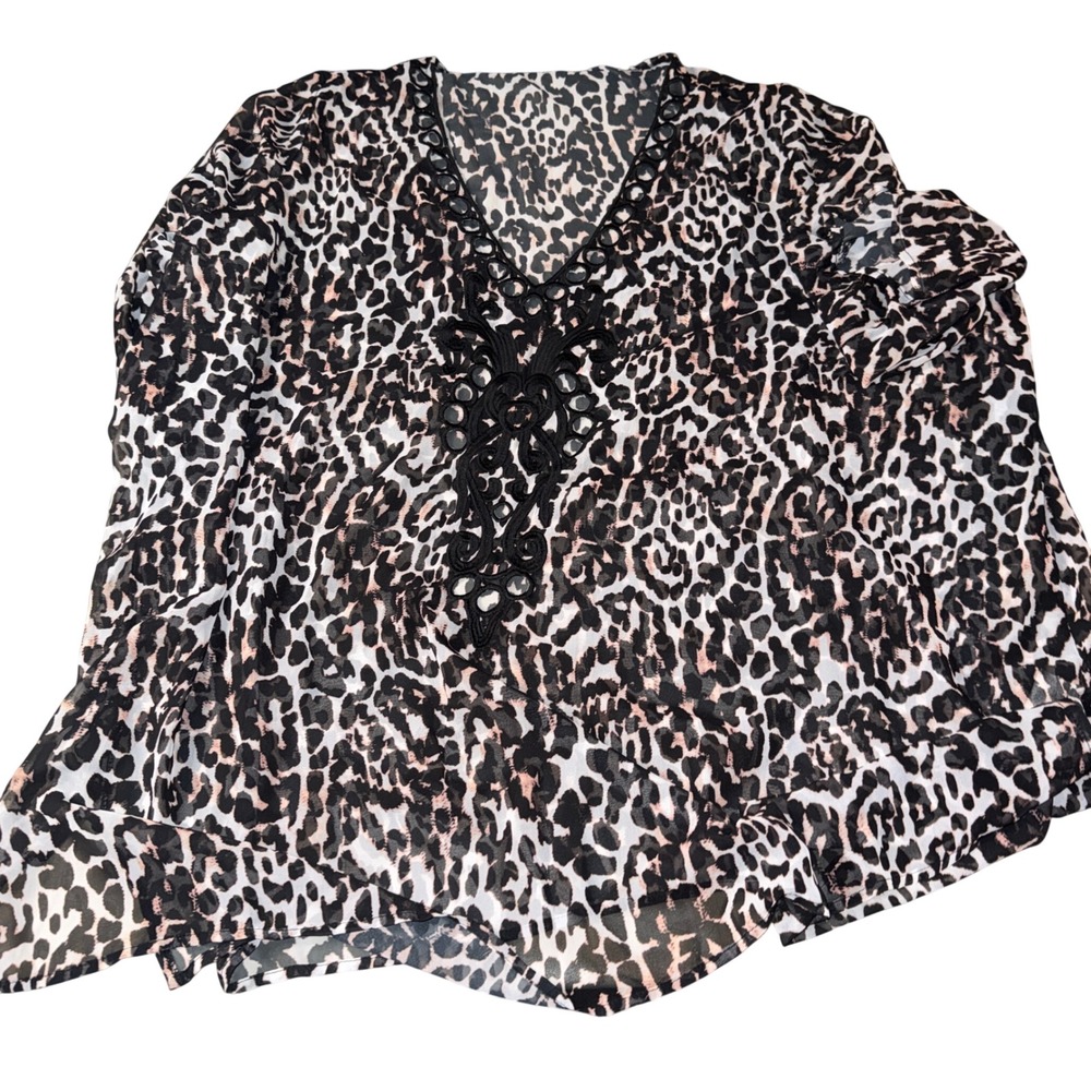 Attitudes by Renee Blouse 3X Leopard Print Embroidered VNeck Sheer Swim cover up
